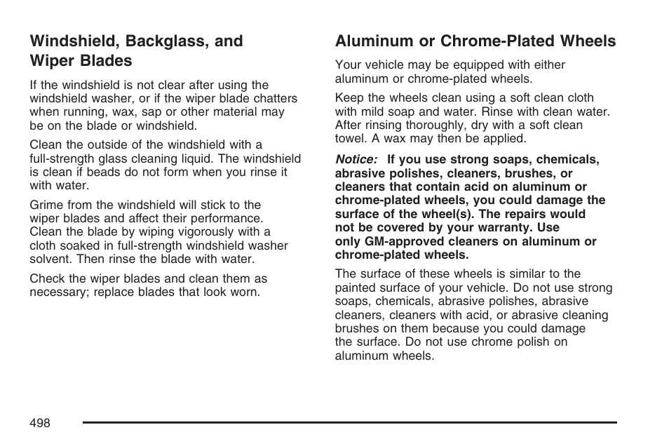 Windshield, backglass, and wiper blades, Aluminum or chrome-plated wheels, Windshield, backglass, and | Wiper blades | Cadillac 2007 Escalade User Manual | Page 498 / 570