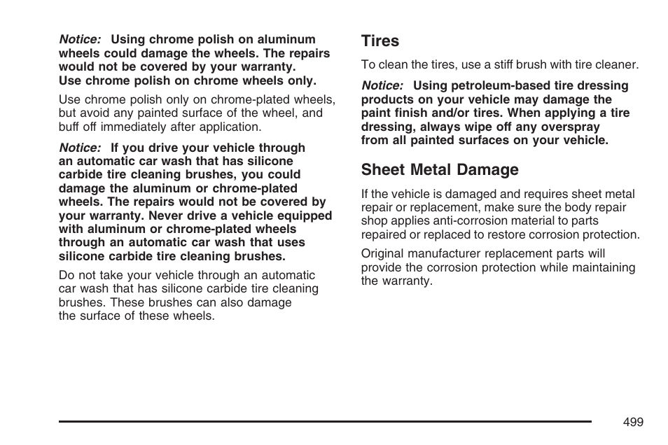 Tires, Sheet metal damage, Tires sheet metal damage | Cadillac 2007 Escalade User Manual | Page 499 / 570