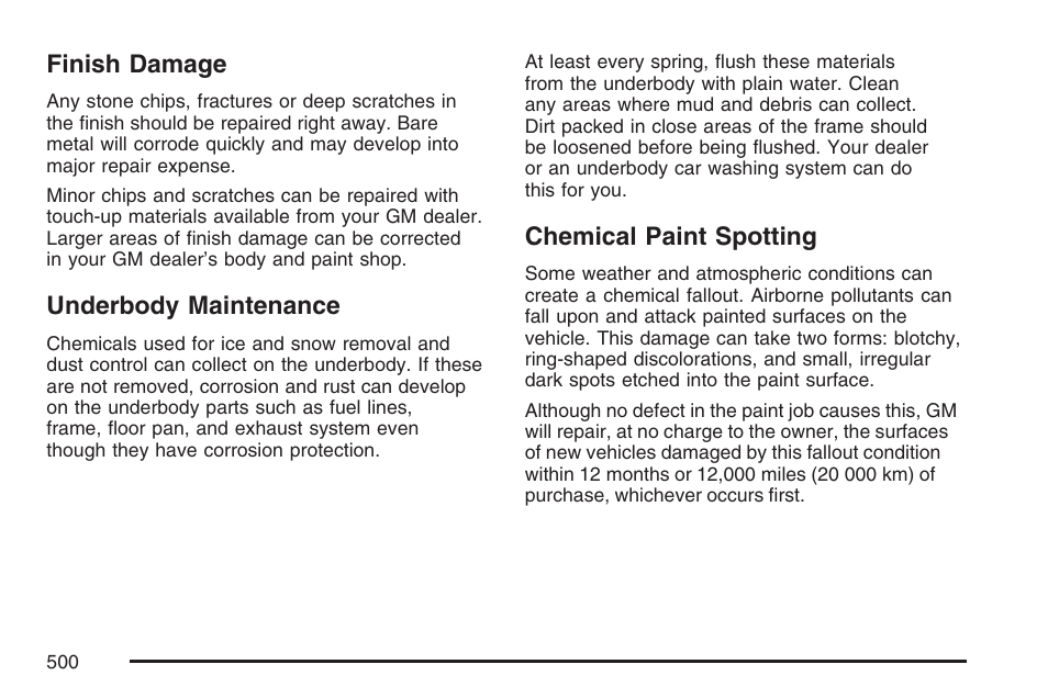 Finish damage, Underbody maintenance, Chemical paint spotting | Cadillac 2007 Escalade User Manual | Page 500 / 570