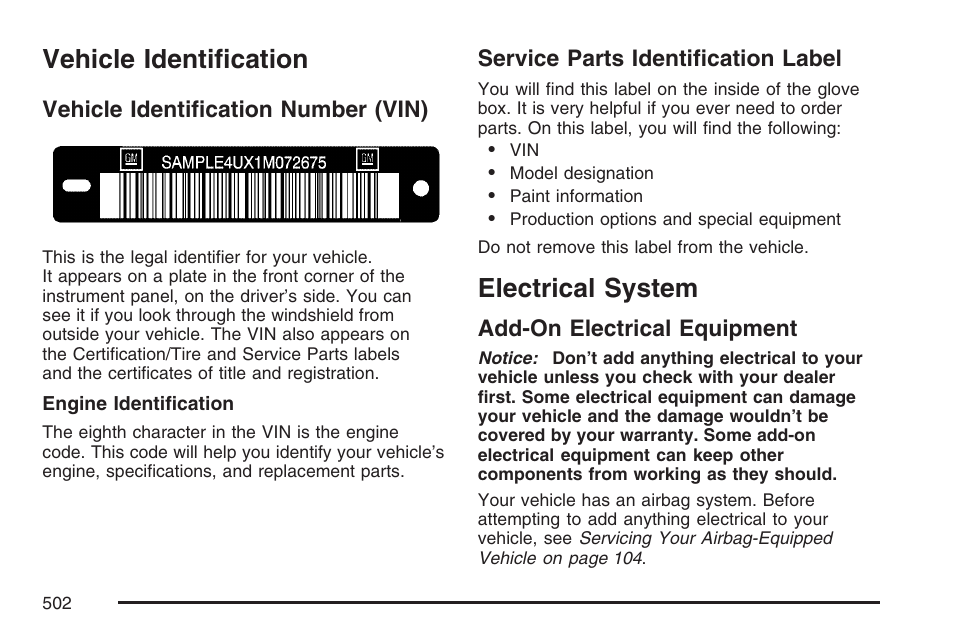 Vehicle identification, Vehicle identification number (vin), Service parts identification label | Electrical system, Add-on electrical equipment | Cadillac 2007 Escalade User Manual | Page 502 / 570