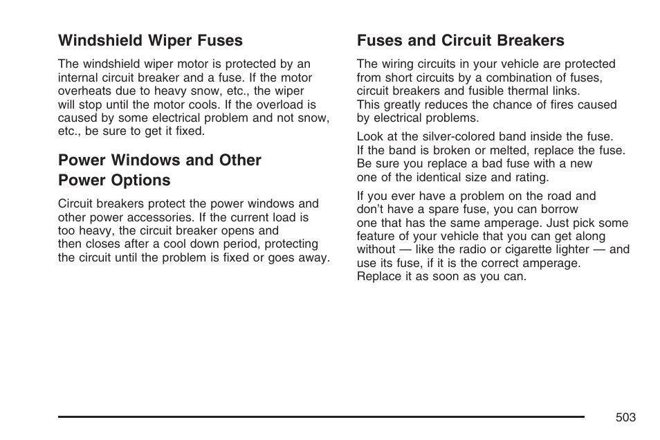 Windshield wiper fuses, Power windows and other power options, Fuses and circuit breakers | Cadillac 2007 Escalade User Manual | Page 503 / 570