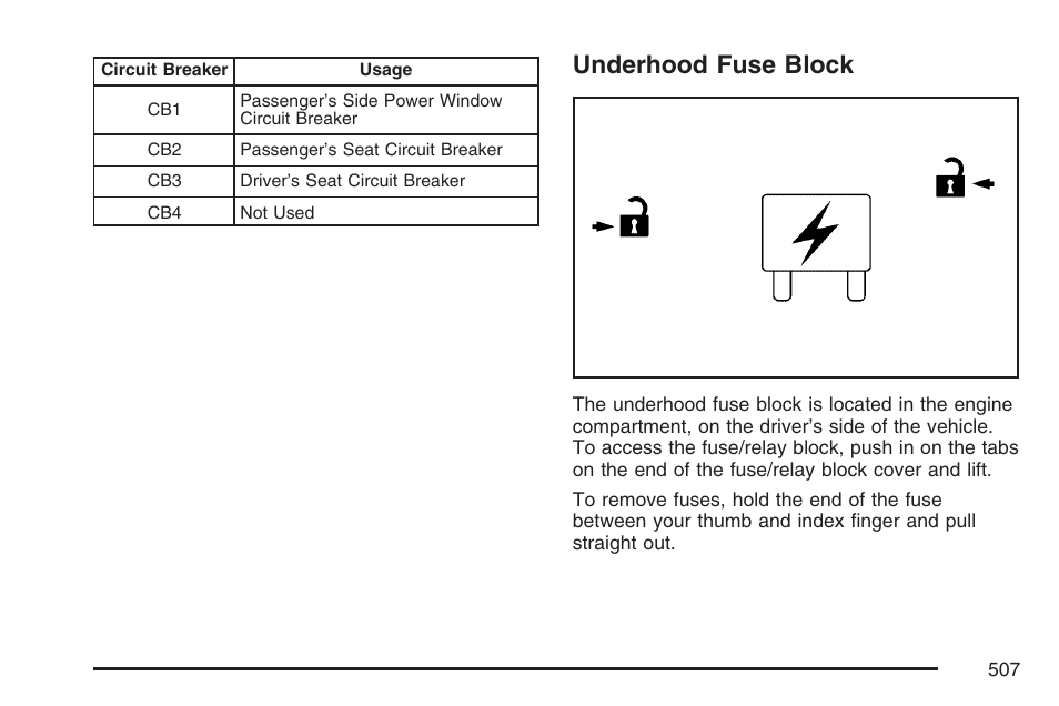 Underhood fuse block, Underhood, Fuse block | Cadillac 2007 Escalade User Manual | Page 507 / 570