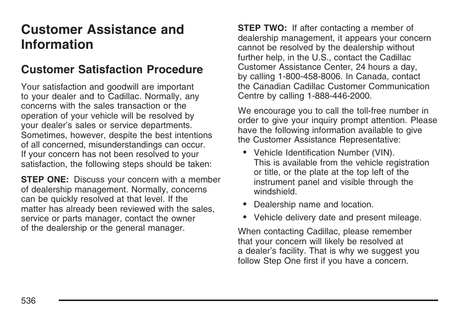 Customer assistance and information, Customer satisfaction procedure | Cadillac 2007 Escalade User Manual | Page 536 / 570