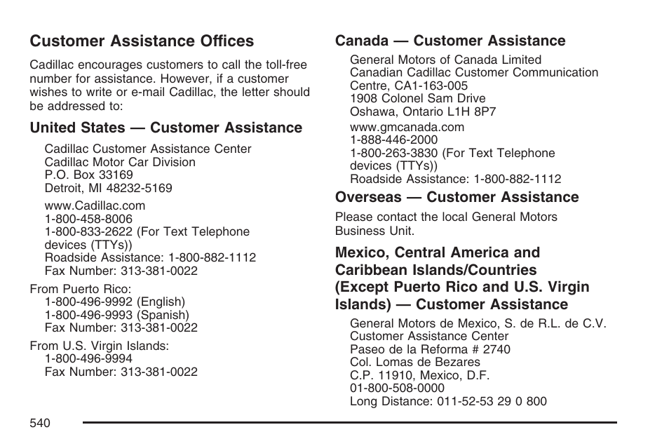 Customer assistance offices | Cadillac 2007 Escalade User Manual | Page 540 / 570