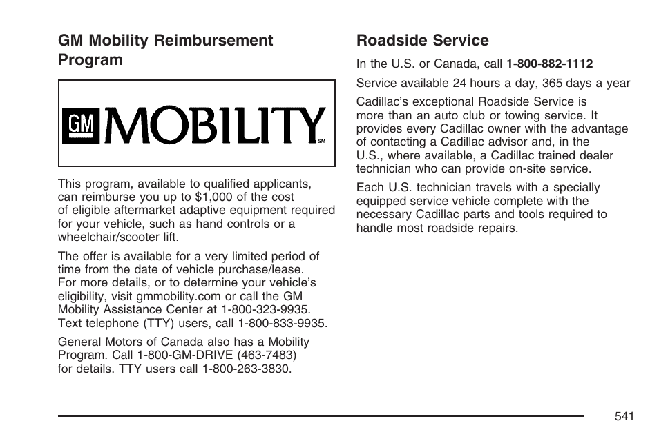 Gm mobility reimbursement program, Roadside service, Gm mobility reimbursement program roadside service | Cadillac 2007 Escalade User Manual | Page 541 / 570