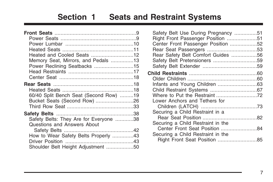 Seats and restraint systems | Cadillac 2007 Escalade User Manual | Page 7 / 570