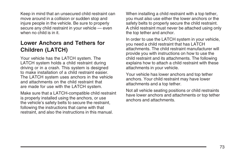 Lower anchors and tethers for children (latch), Lower anchors and tethers for, Children (latch) | Cadillac 2007 Escalade User Manual | Page 73 / 570