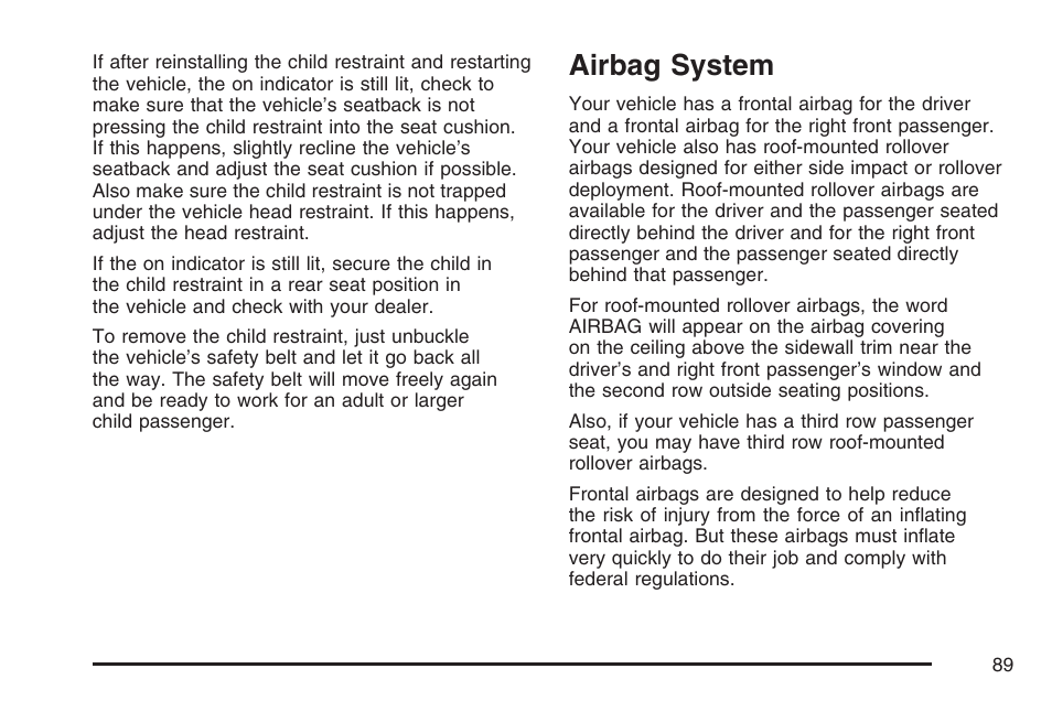 Airbag system | Cadillac 2007 Escalade User Manual | Page 89 / 570