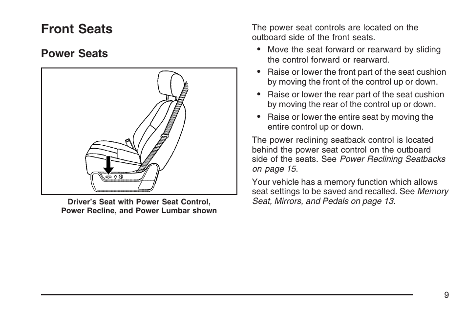 Front seats, Power seats | Cadillac 2007 Escalade User Manual | Page 9 / 570