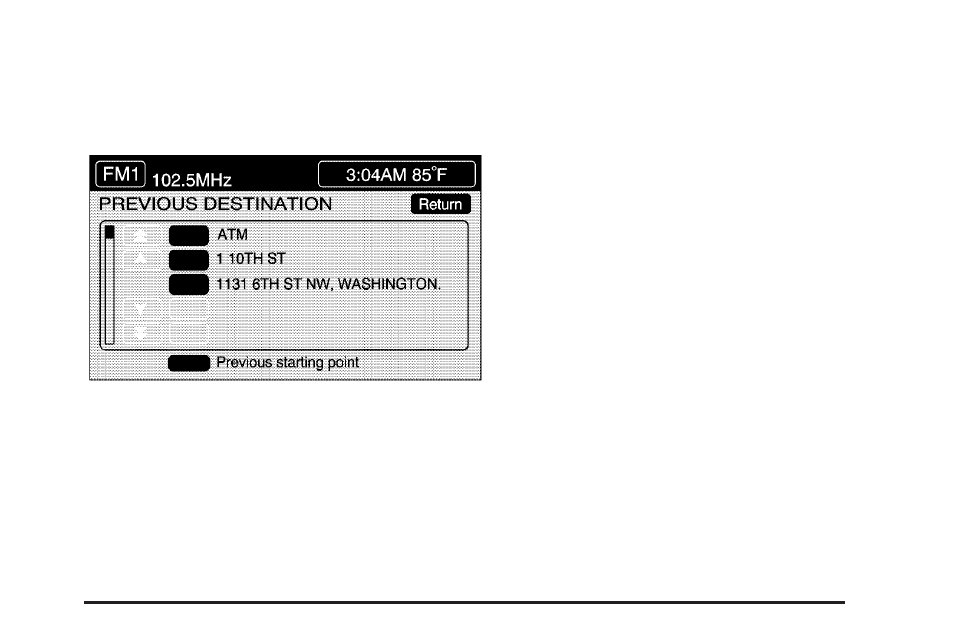 Previous destination, Previous starting point | Cadillac 2005 XLR User Manual | Page 221 / 438