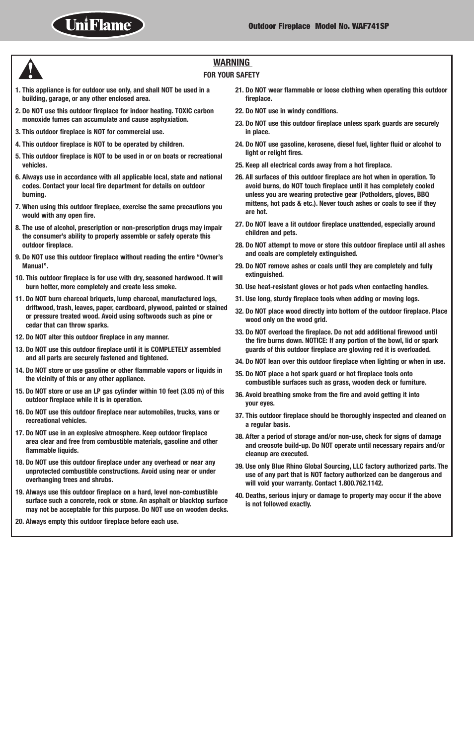Warning | Blue Rhino WAF741SP User Manual | Page 2 / 5