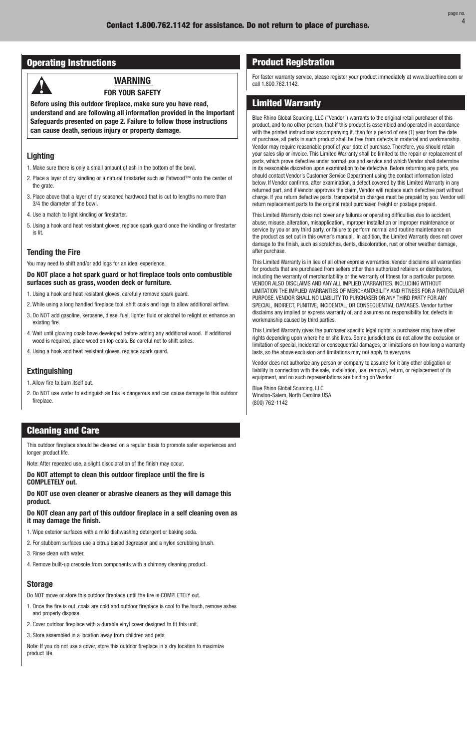 Operating instructions warning, Cleaning and care, Product registration | Limited warranty | Blue Rhino WAF741SP User Manual | Page 4 / 5
