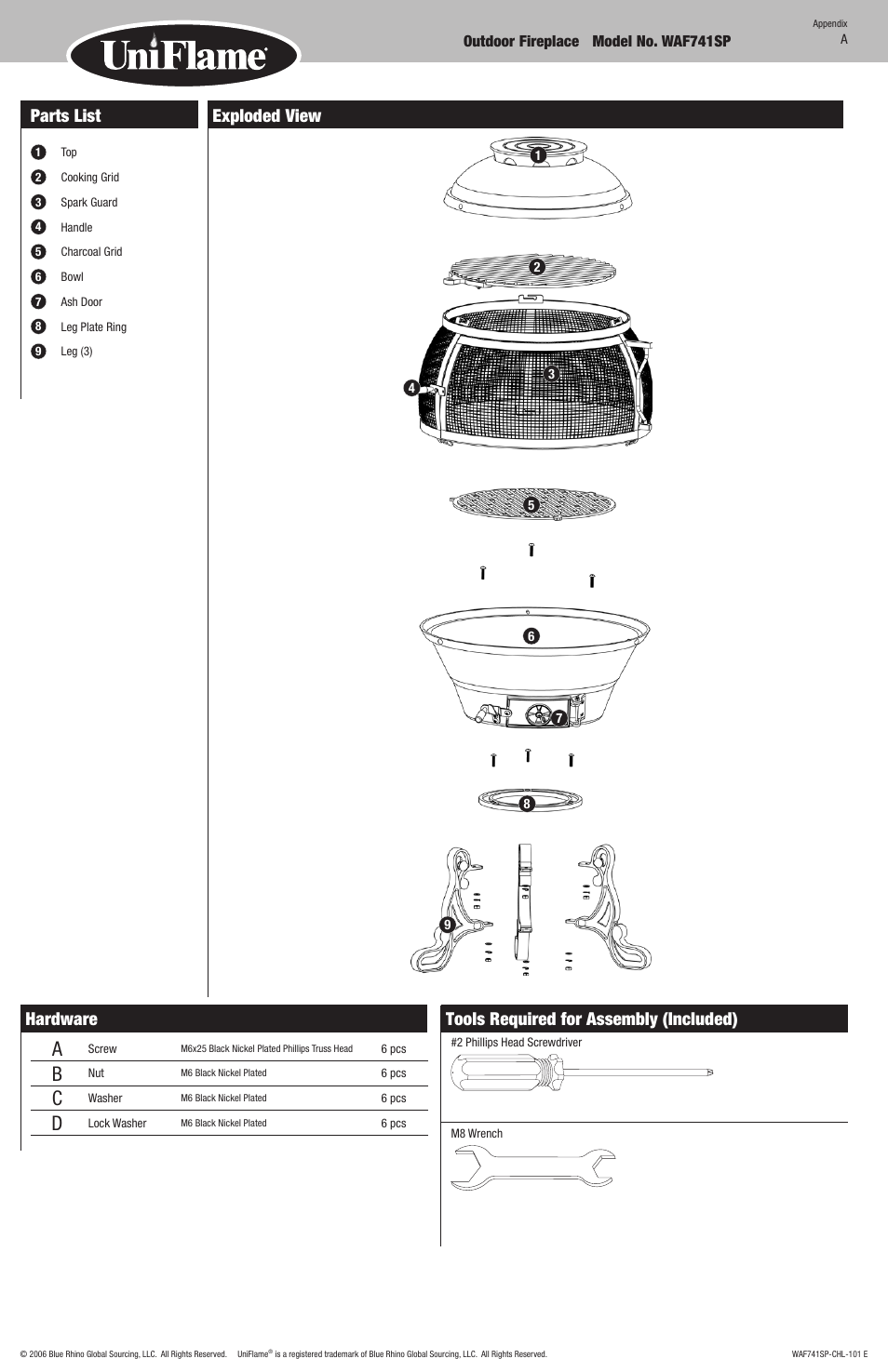 Parts list, Exploded view hardware, Tools required for assembly (included) | Blue Rhino WAF741SP User Manual | Page 5 / 5