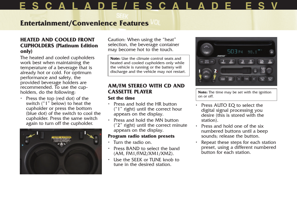 Entertainment/convenience features | Cadillac 2005 Escalade User Manual | Page 10 / 20