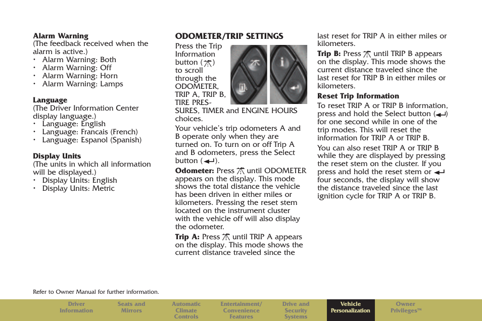 Odometer/trip settings | Cadillac 2005 Escalade User Manual | Page 17 / 20