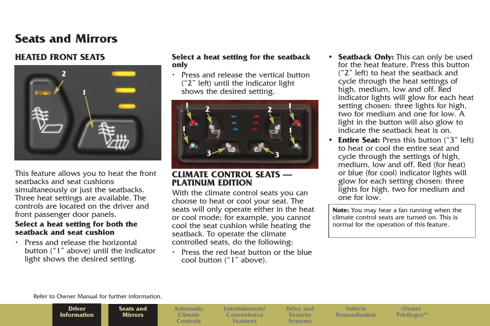 Seats and mirrors, Heated front seats, Climate control seats — platinum edition | Cadillac 2005 Escalade User Manual | Page 5 / 20