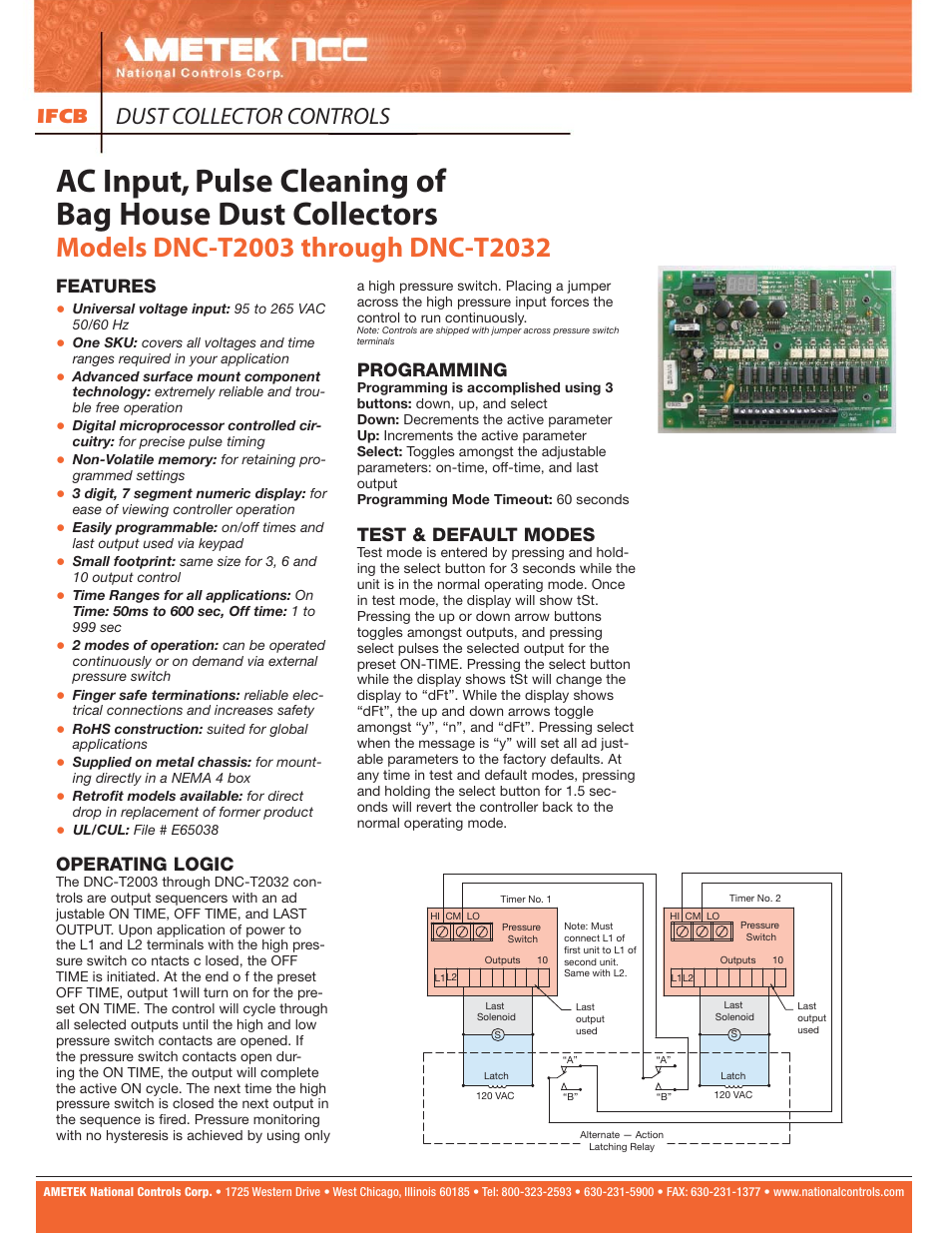 Dust collector controls, Ifcb, Features | Operating logic, Programming, Test & default modes | CAMCORP Baghouse Collector User Manual | Page 34 / 55