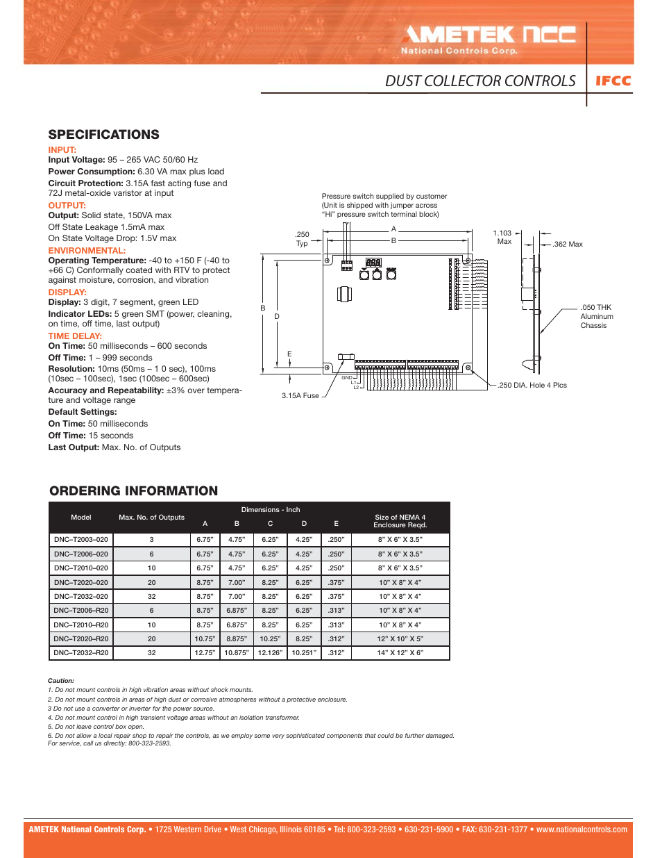 Dust collector controls, Ifcc, Ordering information | Specifications | CAMCORP Baghouse Collector User Manual | Page 35 / 55