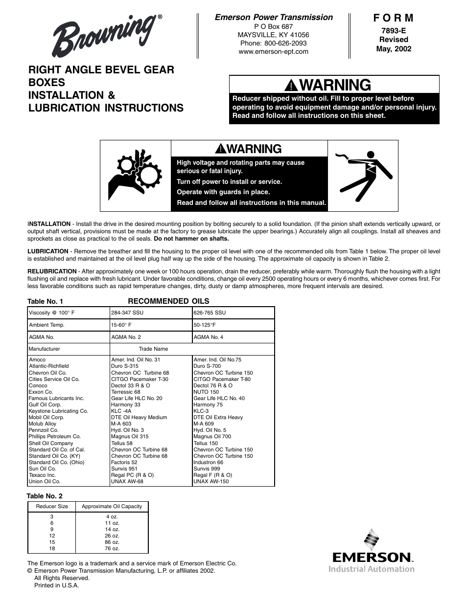 Warning, F o r m, Emerson power transmission | Recommended oils, Table no. 1 table no. 2 | CAMCORP SWF with Externally Mounted Fan User Manual | Page 35 / 46