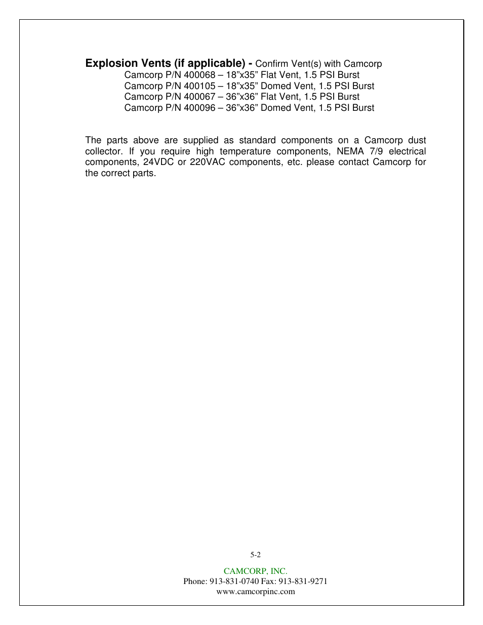 Explosion vents (if applicable) | CAMCORP CAM-AIRO Vertical Cartridge User Manual | Page 26 / 46