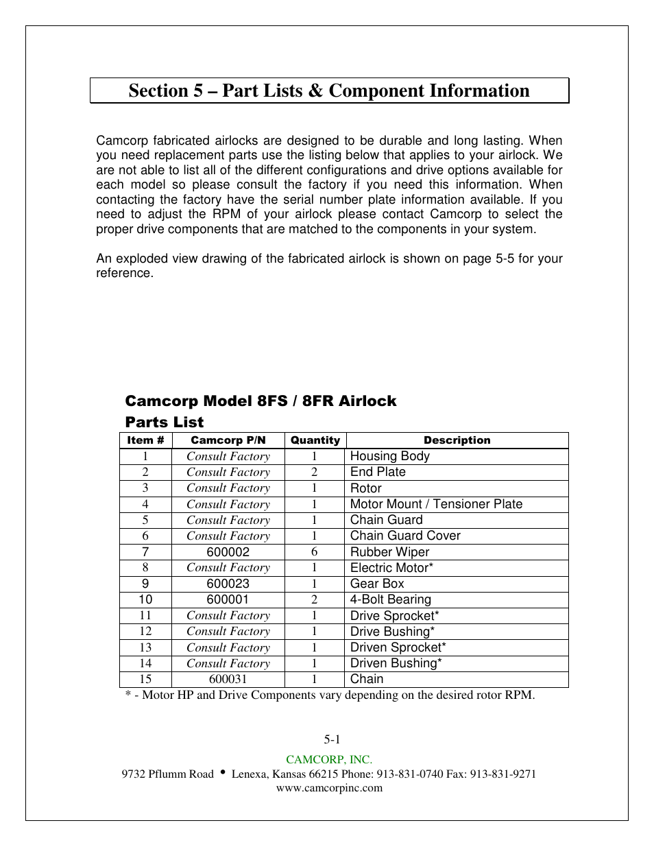 CAMCORP Fabricated Rotary Airlock User Manual | Page 9 / 33