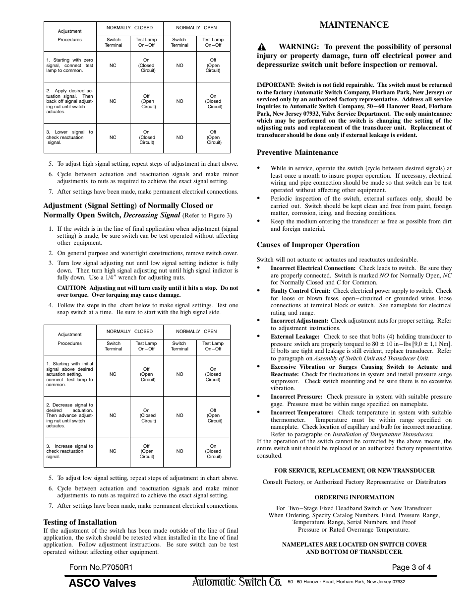 Asco valves, Maintenance, Testing of installation | Preventive maintenance s, Causes of improper operation | CAMCORP Blower Package with Sutorbilt Blower User Manual | Page 61 / 62