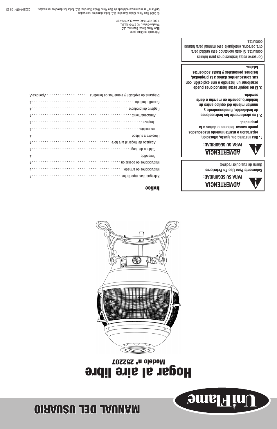 Hogar al aire libre, Manual del usu ario, Advertencia | Indice | Blue Rhino 252207 User Manual | Page 10 / 10