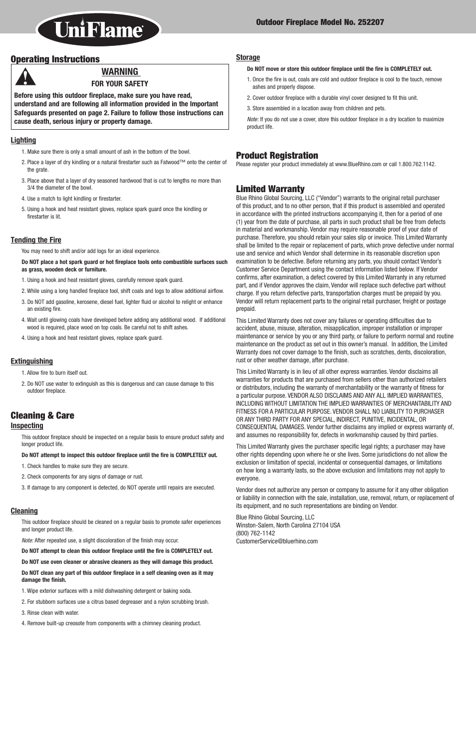 Operating instructions warning, Cleaning & care, Product registration | Limited warranty | Blue Rhino 252207 User Manual | Page 4 / 10