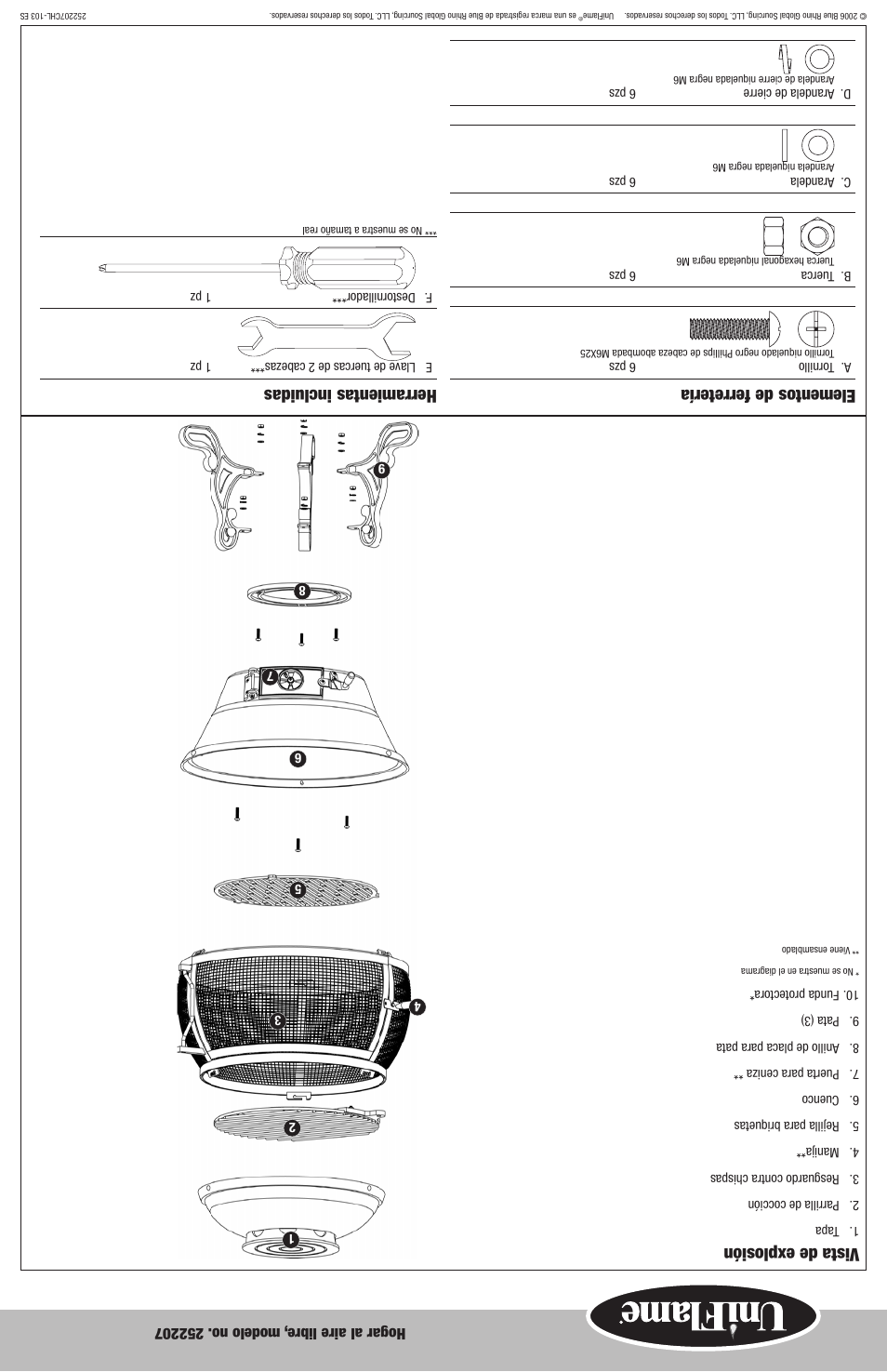 Vista de explosión, Elementos de ferretería, Herramientas incluidas | Blue Rhino 252207 User Manual | Page 6 / 10