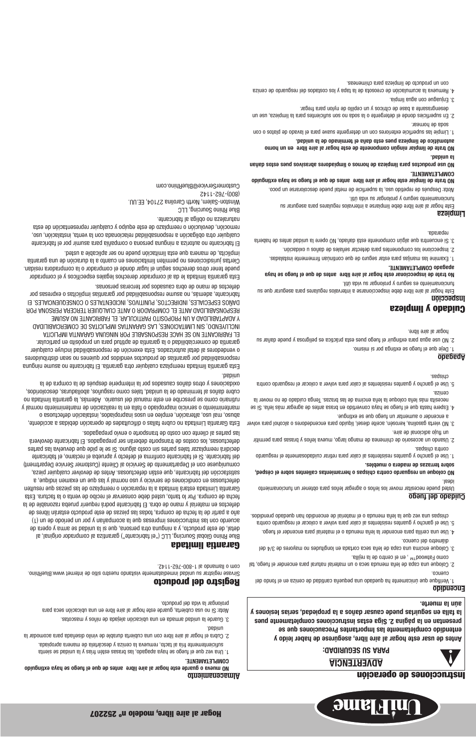 Instrucciones de operación advertencia, Cuidado y limpieza, Registro del producto | Garantia limitada | Blue Rhino 252207 User Manual | Page 7 / 10