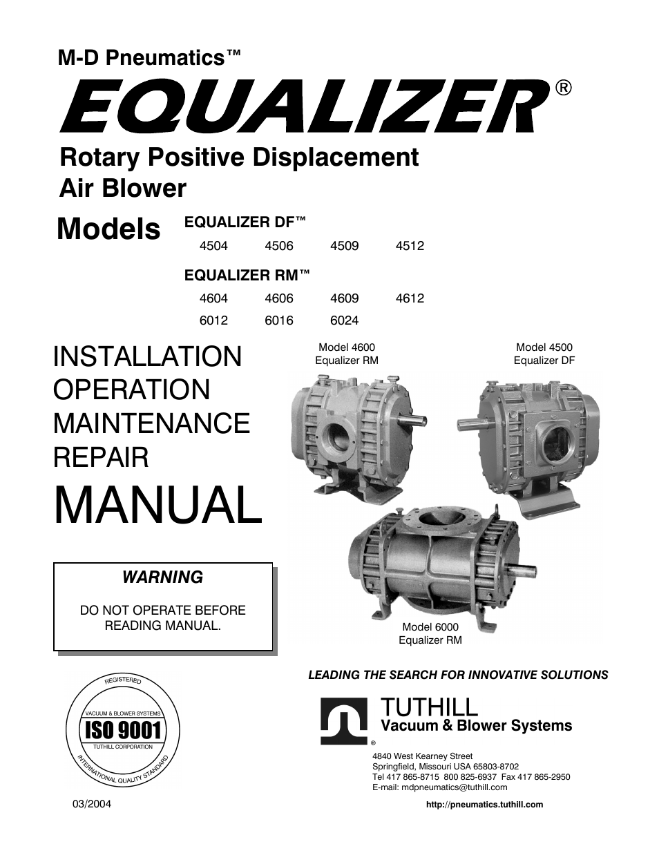 Manual, Models, Installation operation maintenance repair | Rotary positive displacement air blower, M-d pneumatics | CAMCORP Blower Package with M-D Pneumatics Blower User Manual | Page 13 / 36