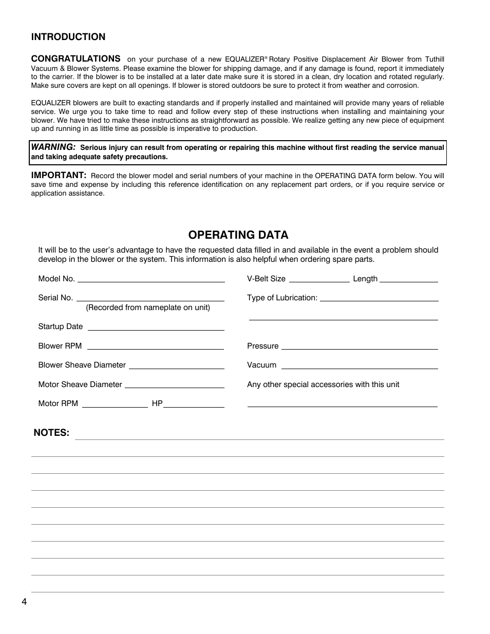 Operating data | CAMCORP Blower Package with M-D Pneumatics Blower User Manual | Page 16 / 36