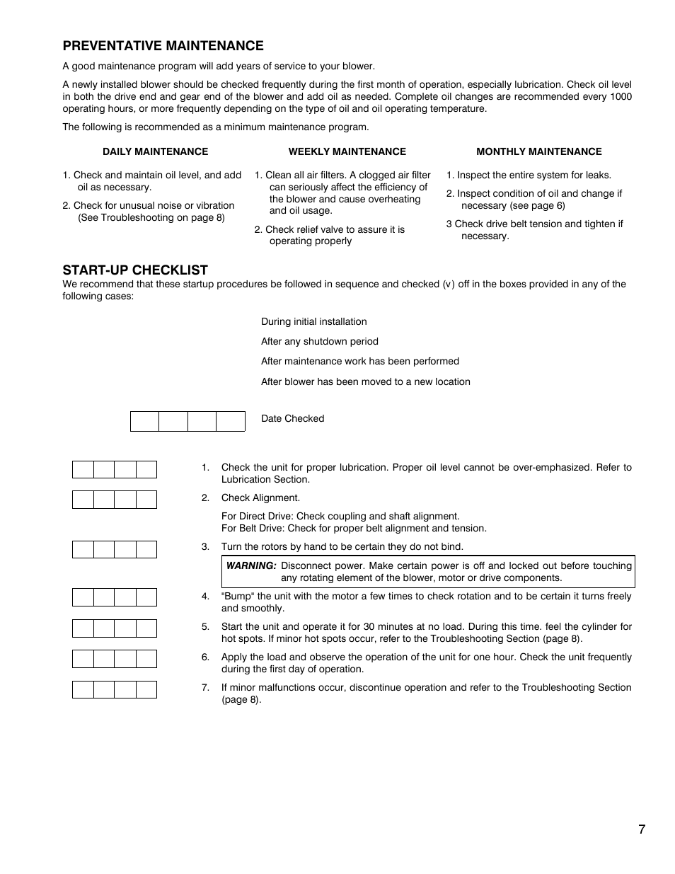 Preventative maintenance, Start-up checklist | CAMCORP Blower Package with M-D Pneumatics Blower User Manual | Page 19 / 36
