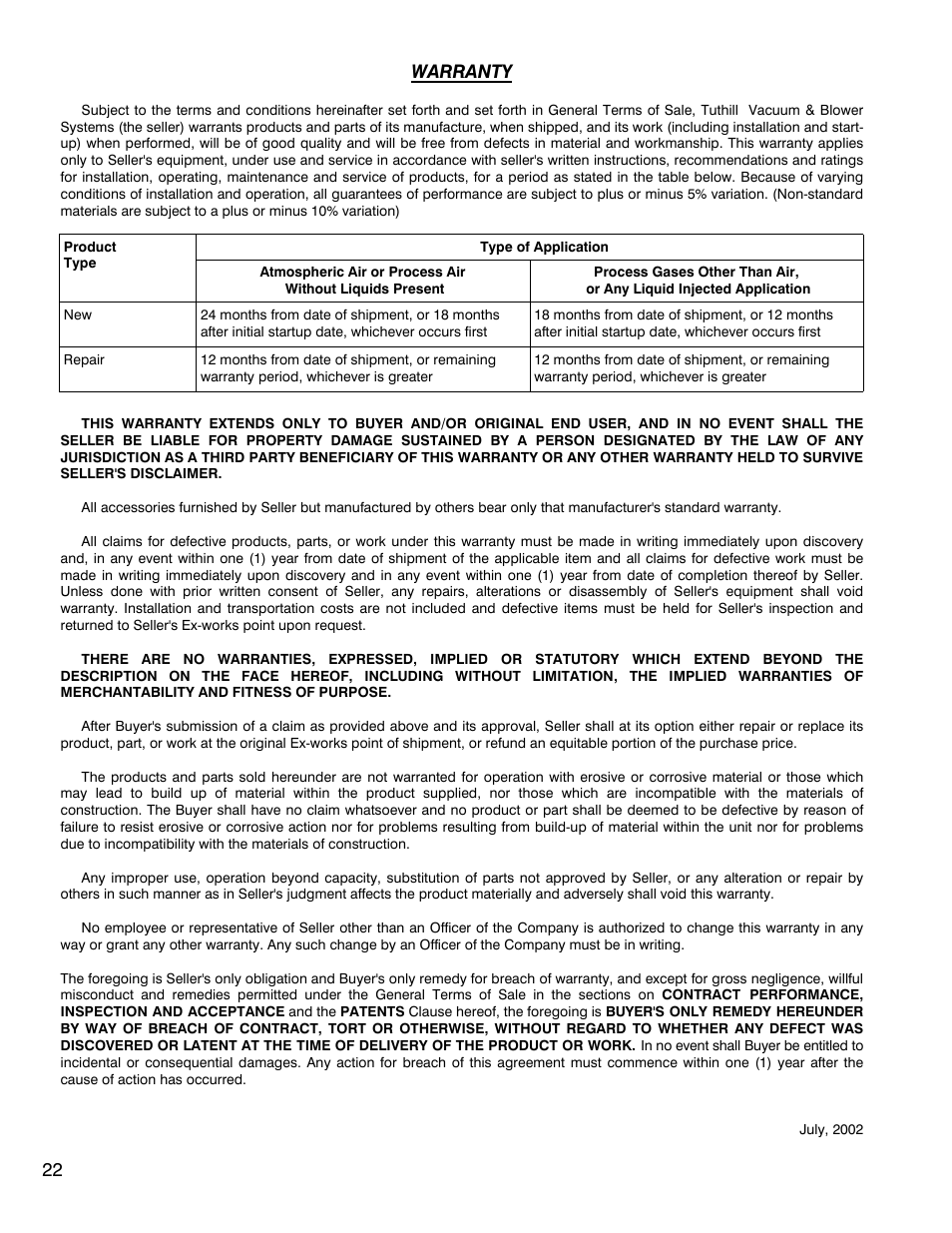 22 warranty | CAMCORP Blower Package with M-D Pneumatics Blower User Manual | Page 34 / 36