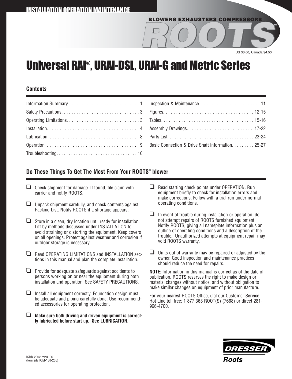 Roots, Universal rai, Urai-dsl, urai-g and metric series | CAMCORP HVP with Roots Blower User Manual | Page 48 / 75