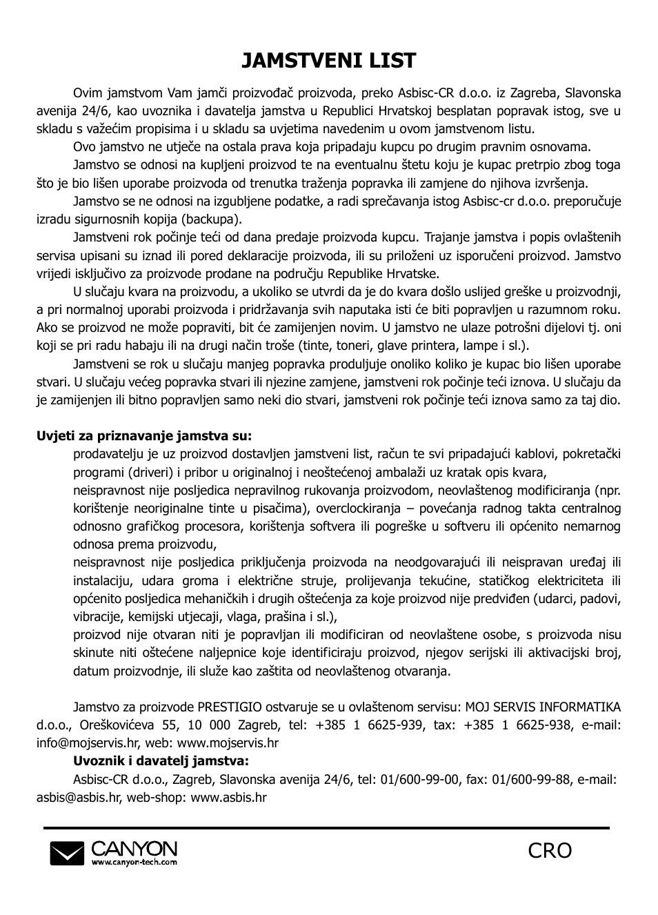 Jamstveni list | Canyon CNA-BTHS02 User Manual | Page 53 / 72