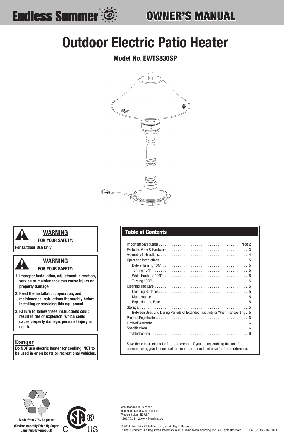 Blue Rhino OUTDOOR ELECTRIC PATIO HEATER EWTS830SP User Manual | 8 pages