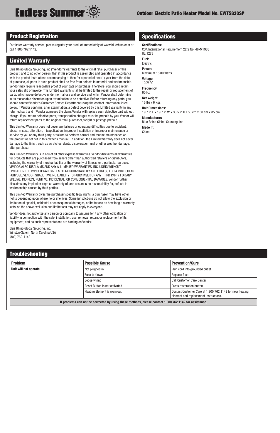 Product registration, Limited warranty, Specifications | Troubleshooting | Blue Rhino OUTDOOR ELECTRIC PATIO HEATER EWTS830SP User Manual | Page 6 / 8