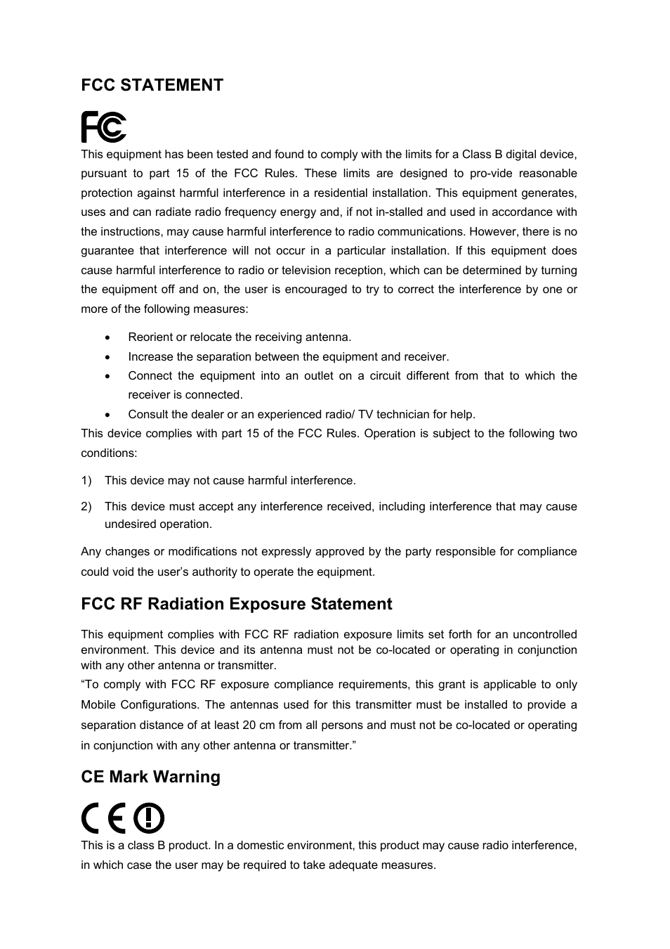 Fcc statement, Fcc rf radiation exposure statement, Ce mark warning | Canyon CNP-WF511N2 User Manual | Page 2 / 44