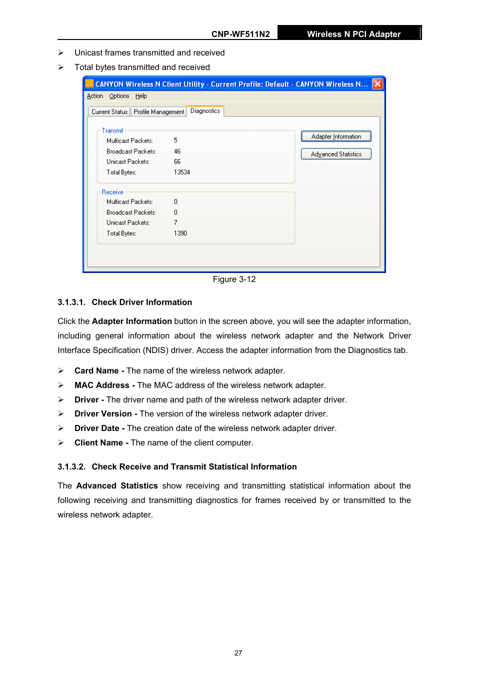 Check driver information, Check receive and transmit statistical information | Canyon CNP-WF511N2 User Manual | Page 31 / 44