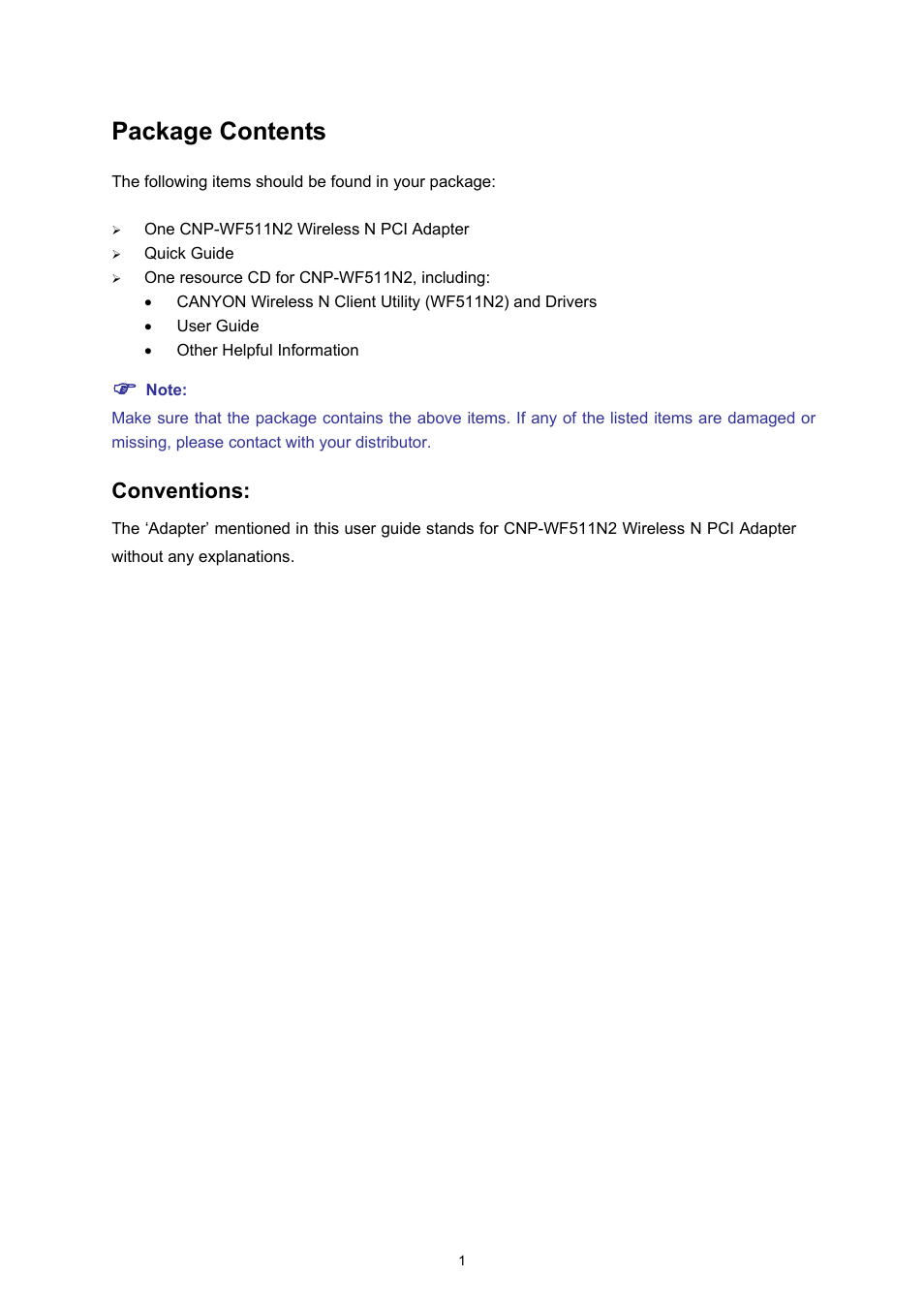 Package contents, Conventions | Canyon CNP-WF511N2 User Manual | Page 5 / 44