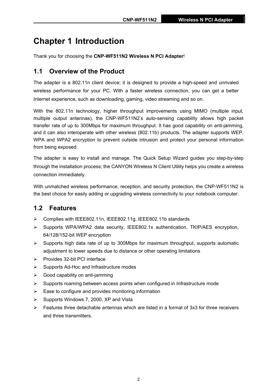 Chapter 1 introduction, 1 overview of the product, 2 features | Chapter 1, Introduction, Overview of the product, Features | Canyon CNP-WF511N2 User Manual | Page 6 / 44
