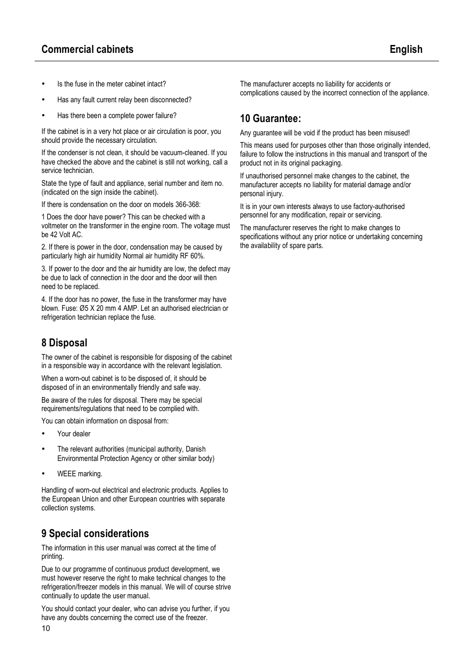 Commercial cabinets english, 8 disposal, 9 special considerations | 10 guarantee | Caravell 375-037 User Manual | Page 10 / 62