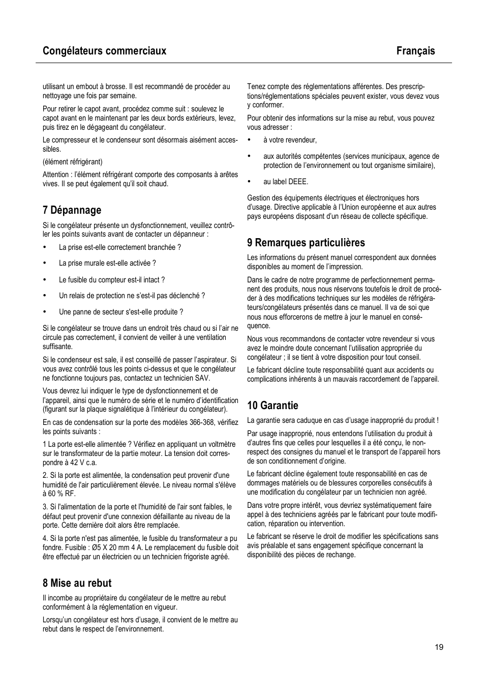 Congélateurs commerciaux français, 7 dépannage, 8 mise au rebut | 9 remarques particulières, 10 garantie | Caravell 375-037 User Manual | Page 19 / 62