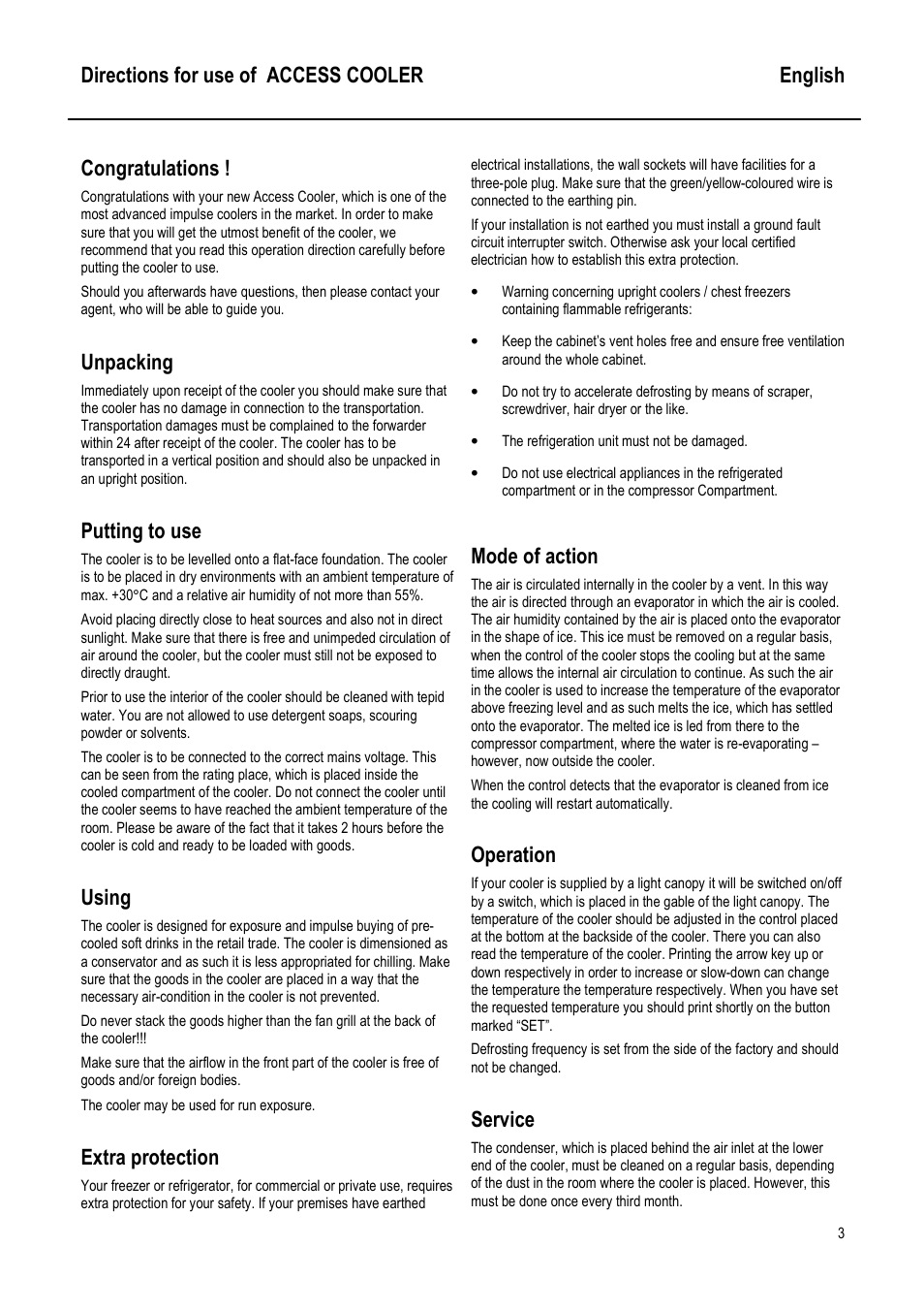 Directions for use of access cooler english, Unpacking, Putting to use | Using, Extra protection, Mode of action, Operation, Service | Caravell 104-115 User Manual | Page 2 / 4