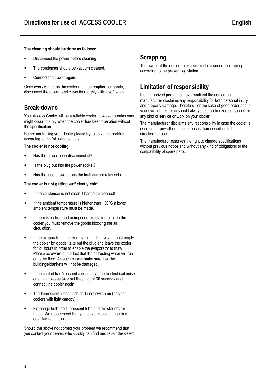 Directions for use of access cooler english, Break-downs, Scrapping | Limitation of responsibility | Caravell 104-115 User Manual | Page 3 / 4