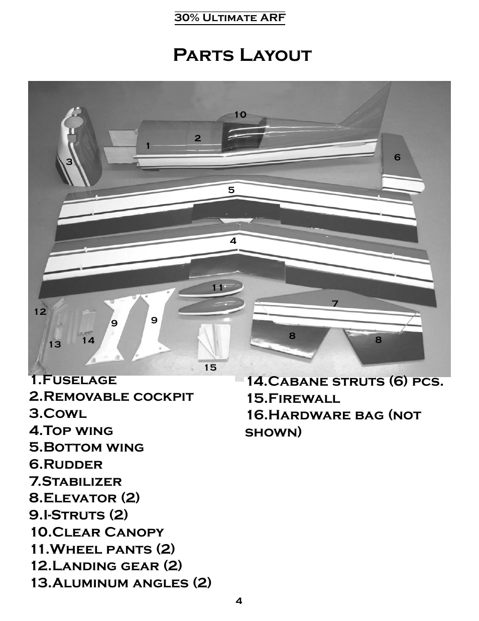 Parts layout | Carl Goldberg GBGA1079 User Manual | Page 4 / 25