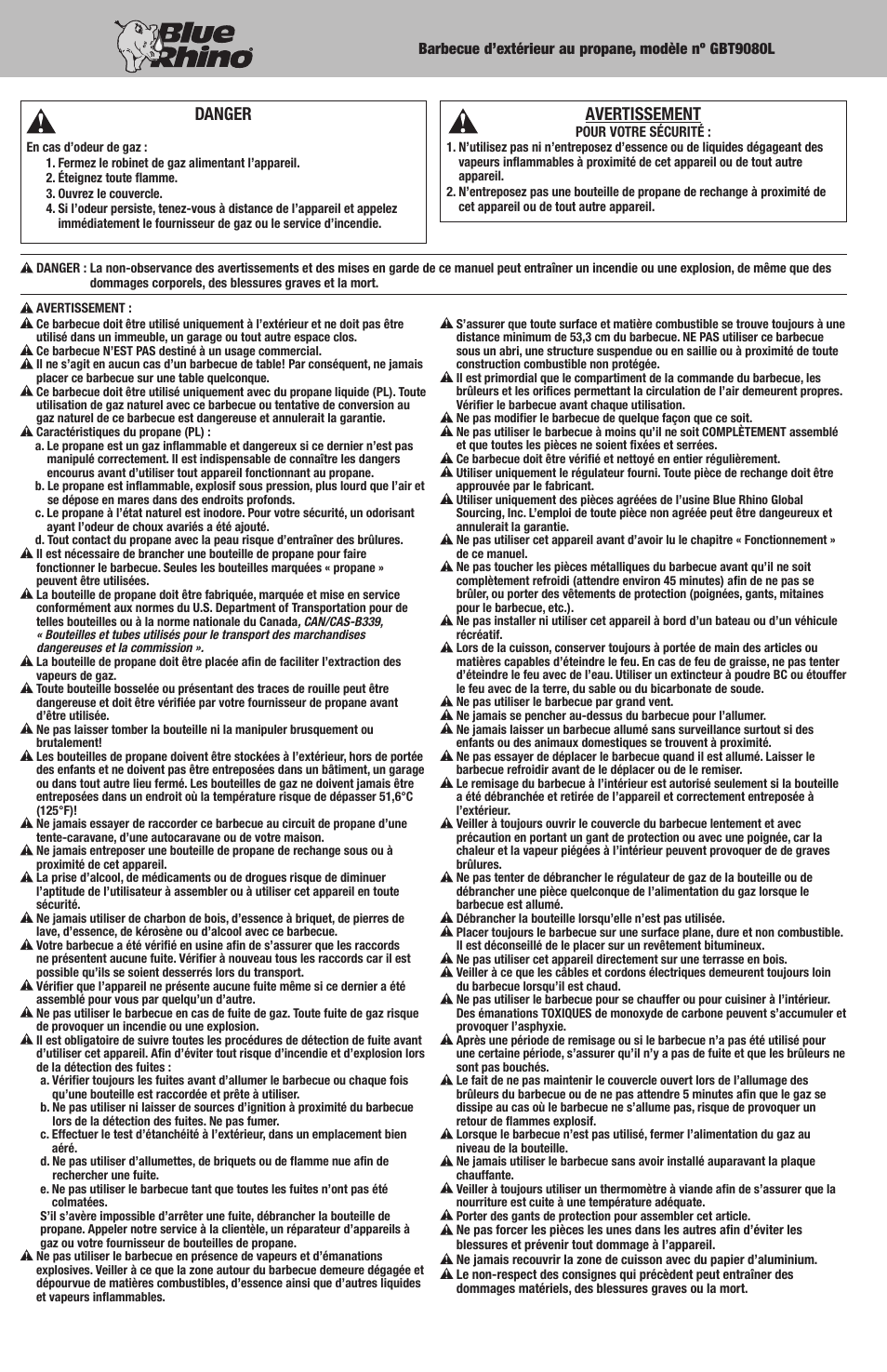 Danger, Avertissement | Blue Rhino GBT9080L User Manual | Page 11 / 28