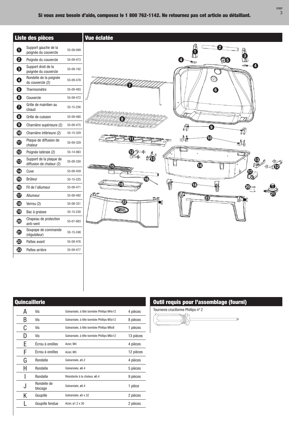Quincaillerie, Outil requis pour l’assemblage (fourni), Liste des pièces | Vue éclatée | Blue Rhino GBT9080L User Manual | Page 12 / 28
