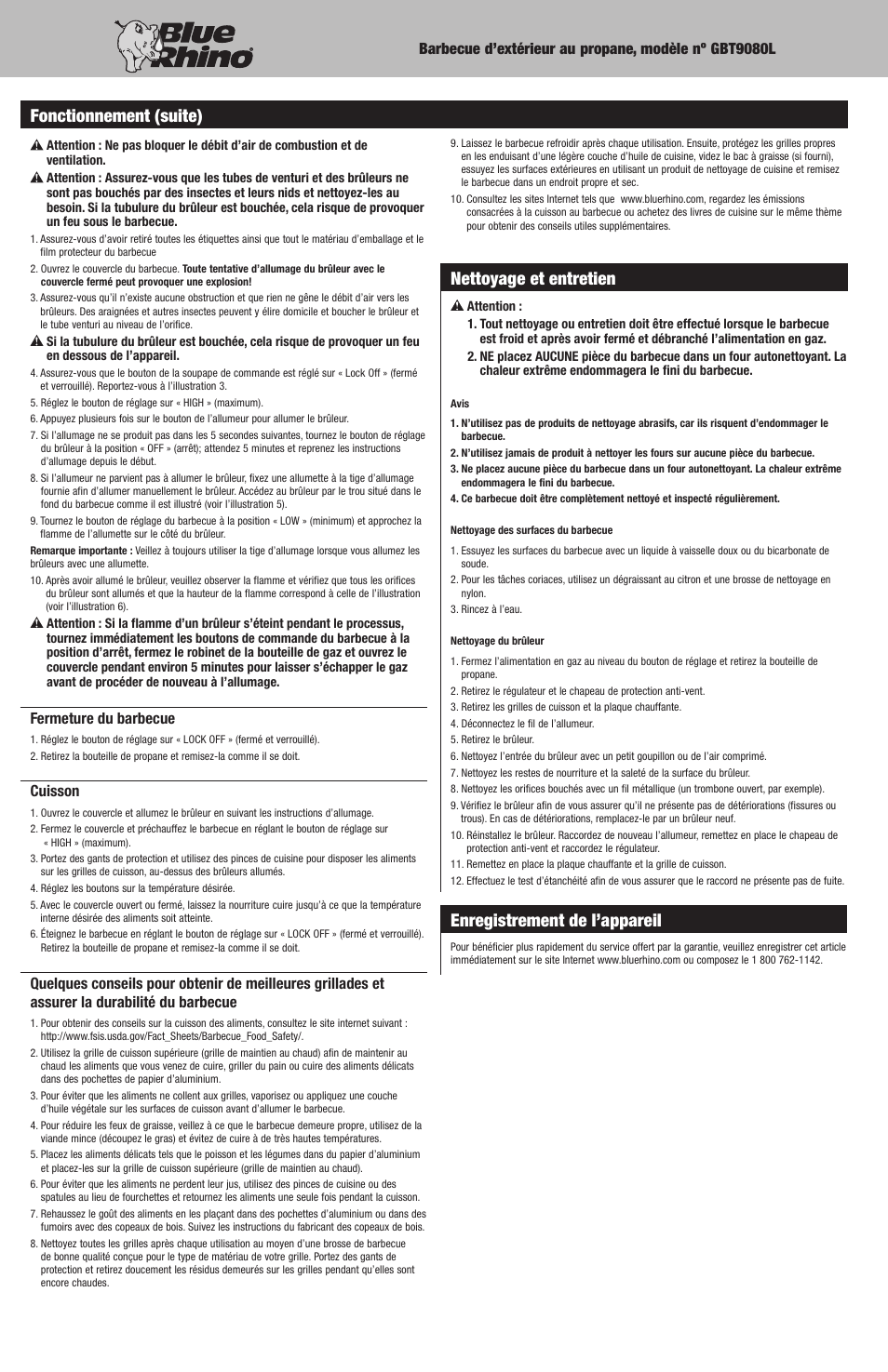Nettoyage et entretien, Enregistrement de l’appareil, Fonctionnement (suite) | Blue Rhino GBT9080L User Manual | Page 17 / 28